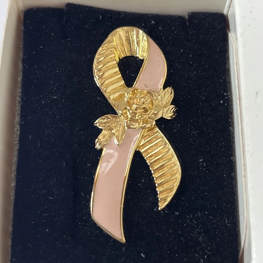 Vintage Avon Gold Tone Pink Enamel Breast Cancer Awareness Ribbon Lapel Pin Rose